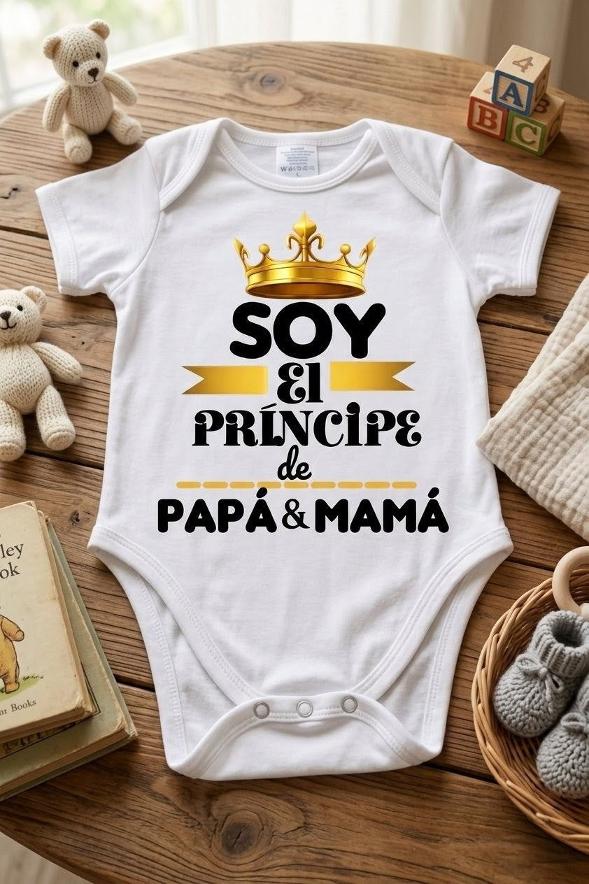 Body "Soy el Príncipe de Papá y Mamá" – Blanco con Detalles Dorados
